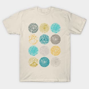 Abstract pattern with organic hand drawn circular shapes in blue, gray and yellow shades by Akbaly T-Shirt